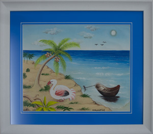 Holiday art in a simple white frame with a bright blue mount with a v groove