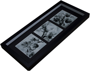 Three floral photos set back in a lined frame